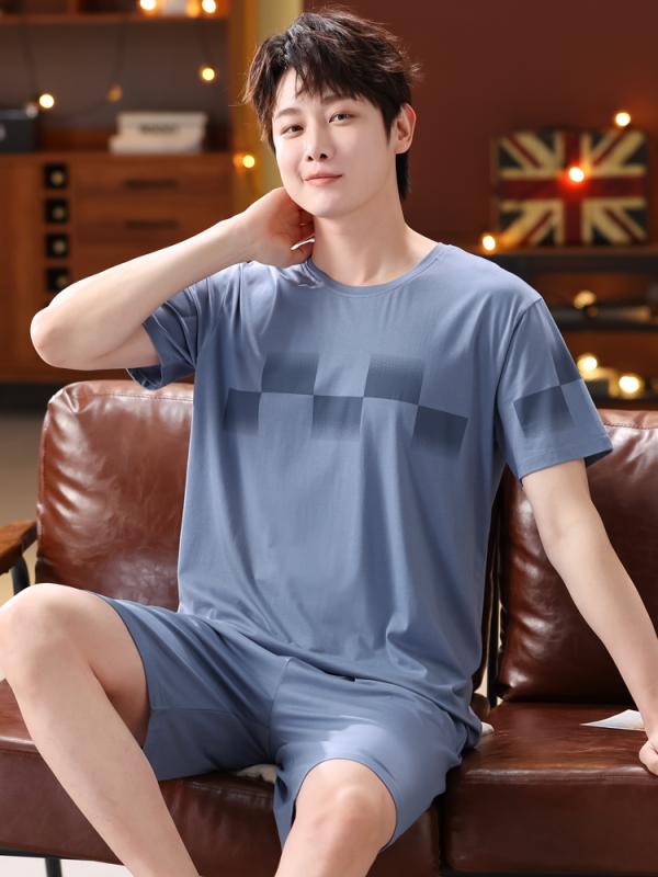 パジャマ 夏 メンズ 半袖 涼しい 薄手 モダール 綿 ラウンド Vネック プルオーバー 大きいサイズ シンプル ルームウェア セットアップ ショートパンツ ウェストゴム 快適 ワンポイント 黒 グレー 青