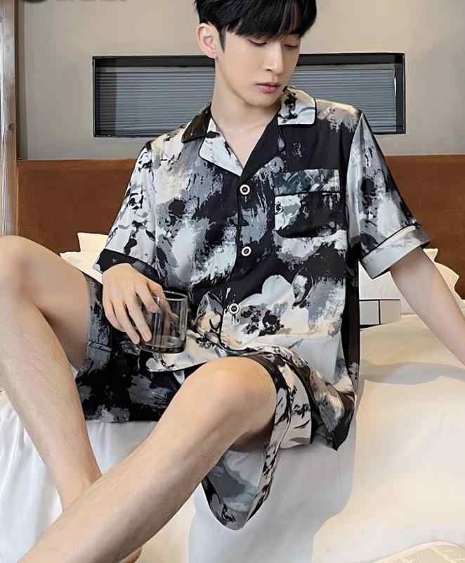 パジャマ 夏 メンズ 半袖 涼しい モーダル 綿 薄手 前開き ボタン 大きいサイズ シンプル ルームウェア セットアップ パンツ ウェストゴム 快適 総柄 ストライプ 黒 紺 グレー