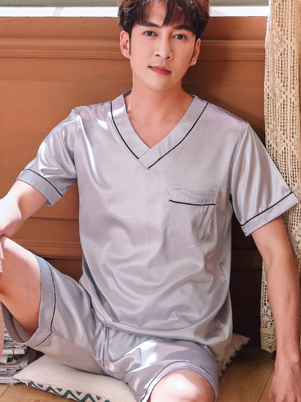 パジャマ 夏 メンズ 半袖 涼しい Vネック プルオーバー ショートパンツ ウェストゴム セットアップ 薄手 快適 シンプル 大きいサイズ ルームウェア グレー 緑 黒 無地 総柄 チェック(4.0)