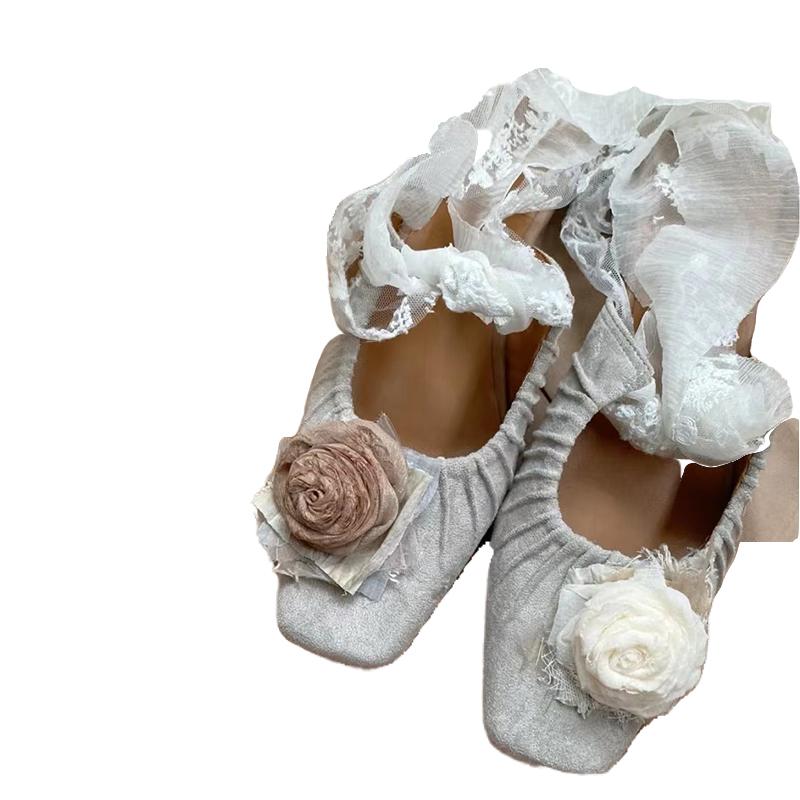バレエ シューズ 歩き やすい レディース レトロ フラワー スクエアトゥ ローヒール レースアップ ローズ 屋外 かわいい ガーリー