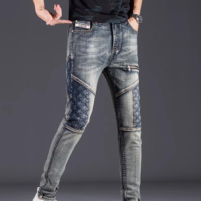 Pants - デニム 刺繍 パンツ メンズ 春夏秋冬 ボトムス ロング ストレート ジーンズ スリム ポケット ジッパー 伸縮性 厚手 普段使い 旅行 韓国 カジュアル ヴィンテージ風 大きいサイズ 青