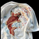 Tシャツ メンズ 大人 レディース 半袖 オシャレ チャイナ風 刺繍 ラウンドネック ゆったり 派手 目立つ カジュアル デイリー お出かけ 鯉 花 白 黒