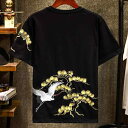 Tシャツ メンズ 大人 半袖 オシャレ 夏 チャイナ風 刺繍 ラウンドネック ゆったり 薄手 トップス 普段着 カジュアル ゴージャス 鶴 松 黒 白