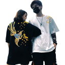 Tシャツ メンズ 大人 レディース 半袖 オシャレ 夏 チャイナ風 刺繍 ラウンドネック ゆったり カップル ペアルック トップス 綿 カジュアル ゴージャス 派手 フェニックス 白 黒