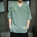 Tシャツ メンズ 大人 半袖 オシャレ チャイナ風 刺繍 Vネック トップス ひんやり 薄手 普段着 レトロ カジュアル シンプル 上品 竹 黒 白 緑