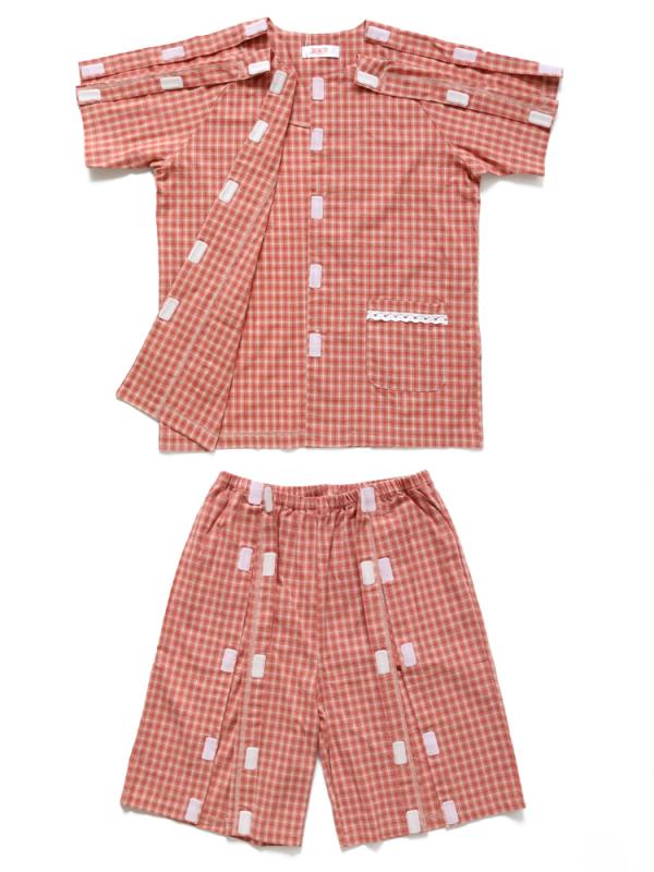 パジャマ 前開き 入院 レディース 綿 夏 薄手 上下別売り 面ファスナー 着脱簡単 ラウンドネック ポケット付 患者衣 介護 チェック柄 魚 赤 緑 青