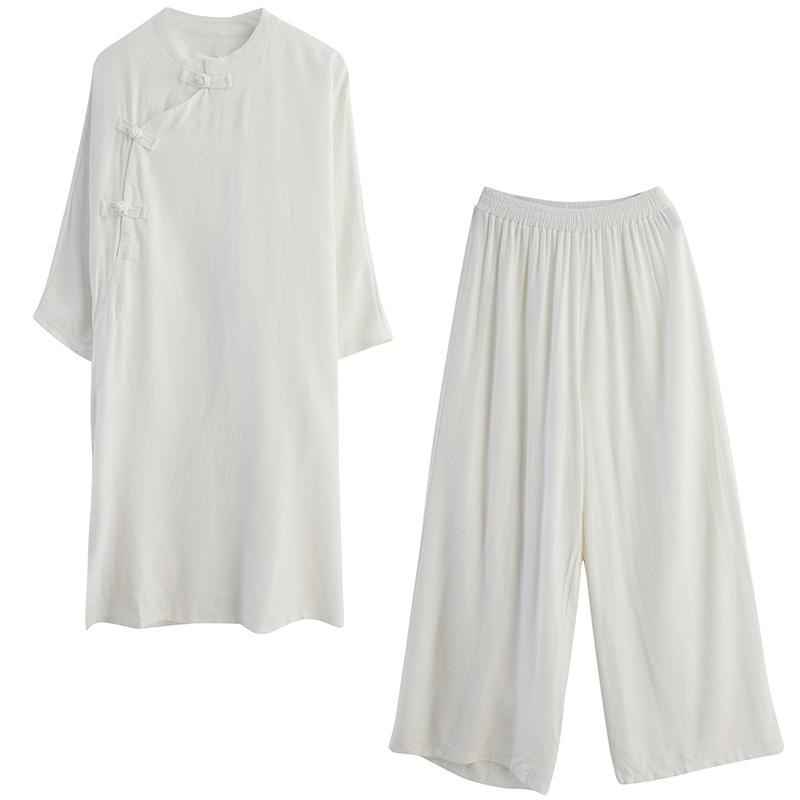 チャイナ服 上下 禅 瞑想 レディース 修行 綿 麻 ホームウェア シンプル 仏教 大きいサイズ 白 ワイド..