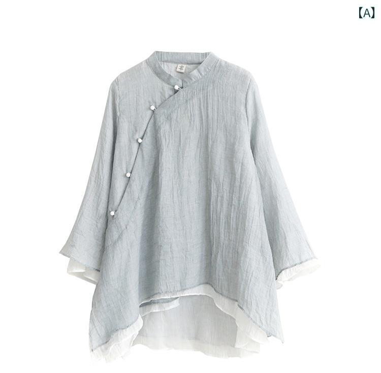チャイナ服 上下 夏 レディース 禅 瞑想 修行 中国風 トップス 日常 九分袖 半袖 長ズボン ボタン シンプル ゆったり ルーズ ホームウェア フリーサイズ グレー 紫 緑