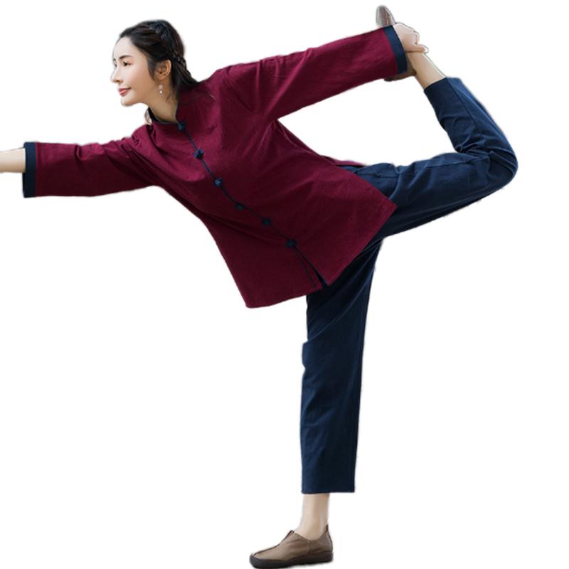 太極拳 服 レディース チャイナ 春夏 レイ 仏教 禅 綿 麻 茶道 大きいサイズ グレー 青 赤 長袖 長ズボ..
