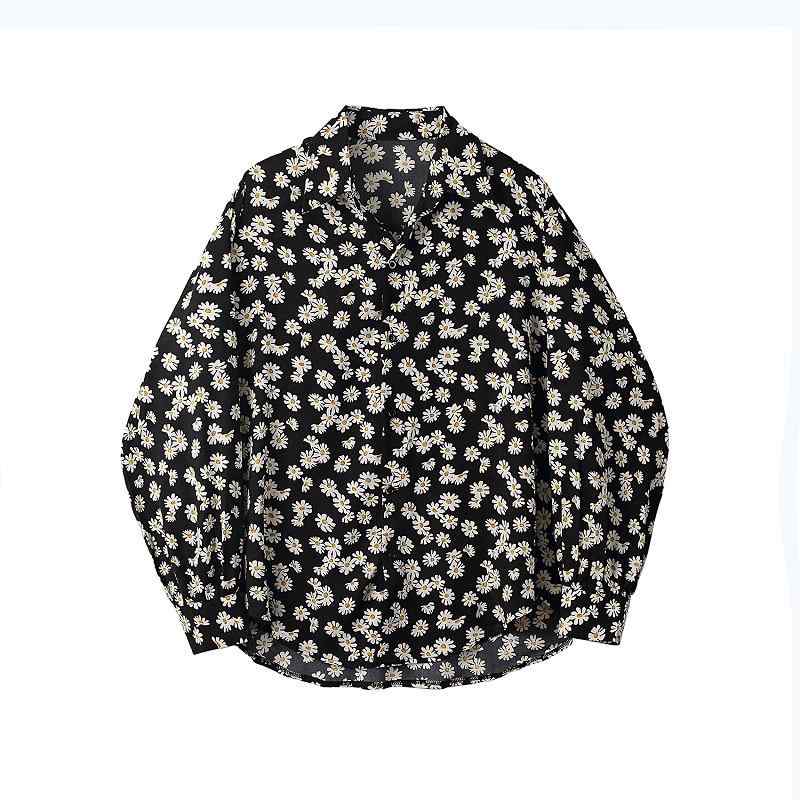 メンズ シャツ 長袖 前開き 春夏 デイジー プリント 花柄 韓国 薄手 カジュアル かっこいい サテン 黒 ..