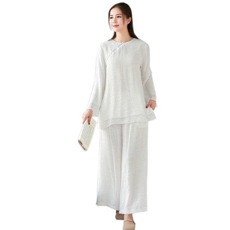 チャイナ服 上下 ホームウェア 禅 瞑想 修行 レディース 仏教 レトロ 大きいサイズ 麻 長袖 セットアッ..