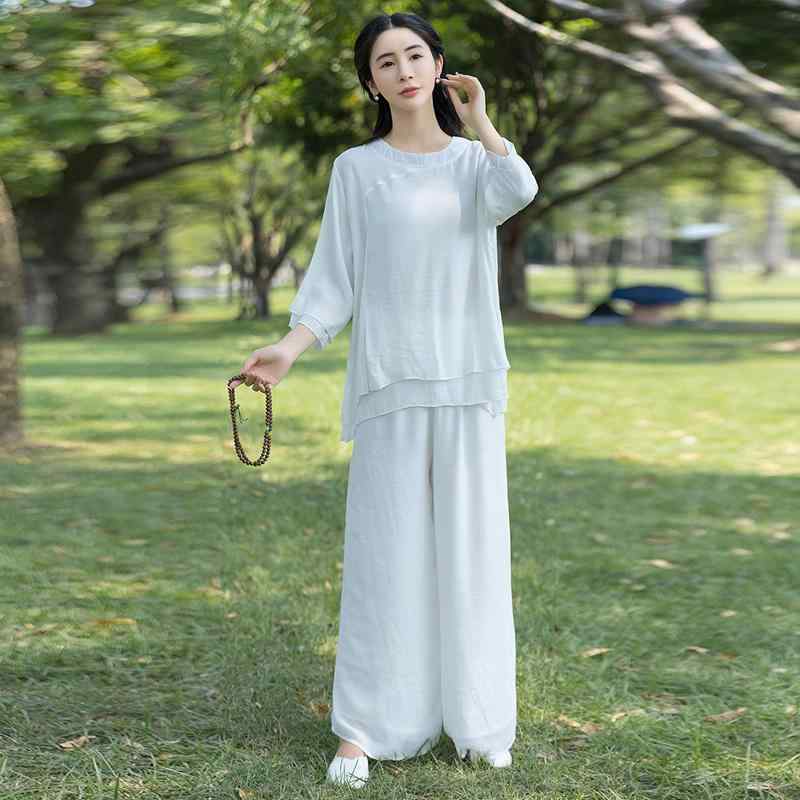 チャイナ服 上下 ヨガ 禅 セットアップ 春夏 瞑想 修行 綿 麻 ホームウェア 仏教 レディース 白 ピンク..