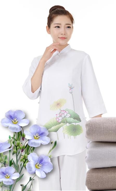 チャイナ服 上下 茶道 レディース 綿 麻 瞑想 修行 ホームウェア リネン 立ち襟 白 七分袖 蓮 ワンポイント 長ズボン 大きいサイズ ボタン