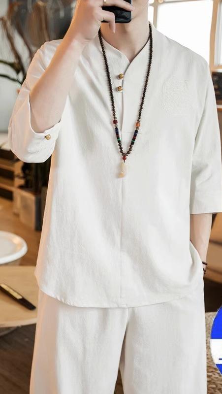 チャイナ服 上下 ツーピース 春夏 半袖 メンズ ルース 綿 リネン レトロ 茶道 瞑想 修行 禅 シンプル 黒 青 アイボリー 長袖 長ズボン ..