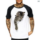 猫 tシャツ プリント メンズ レディース 3D 立体 リアル アニマル 半袖 個性 ラウンドネック 大きいサイズ ブラック ホワイト