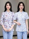 看護師 白衣 上下セット ケーシー ナース 服 半袖 レディース フラワー 七分袖 襟付き パンツ 病院 歯科 美容 サロン 介護 施設 青 白