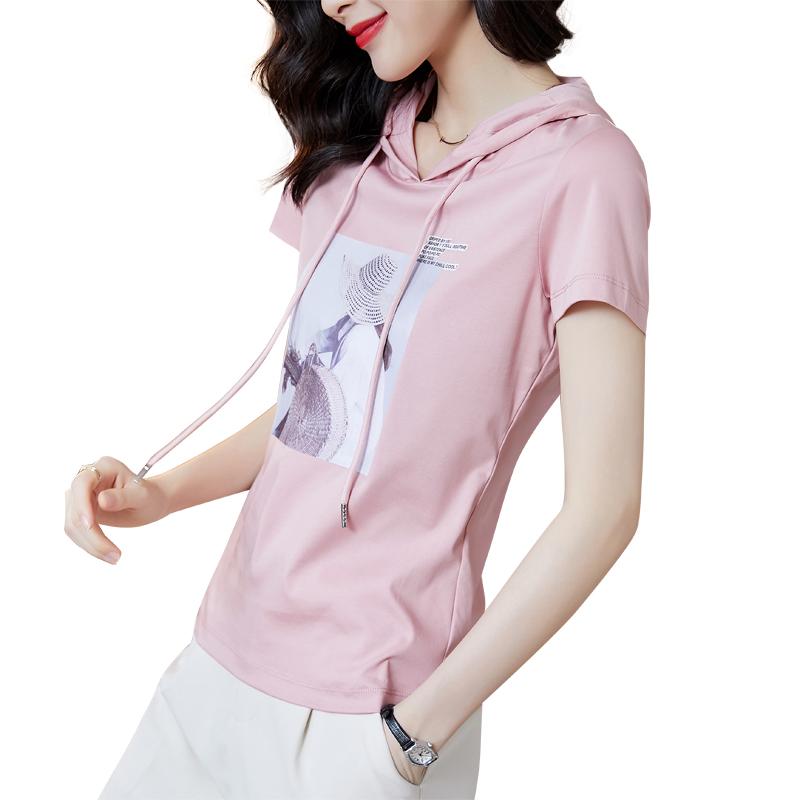 Rakuten - パーカー 半袖 レディース おしゃれ 夏 フード Tシャツ スリムフィット トップス 綿 普段着 お出かけ カジュアル プリント 白 ピンク 青