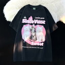 Tシャツ 猫 レディース カップル 春夏 半袖 綿 ラウンドネック ゆったり アメリカン レトロ カジュアル プリント リアル かわいい 黒 クリーム色