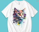 Tシャツ 猫 レディース メンズ カップル 春夏 半袖 綿 ラウンドネック ゆったり 通気 カジュアル プリント イラスト 水彩風 おしゃれ 白 カーキ ピンク...