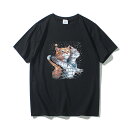 猫 おもしろ Tシャツ メンズ 春夏 半袖 綿 ラウンドネック ラグラン ゆったり カジュアル プリント パロディ イラスト かわいい 黒 青 グレー 大きいサ...