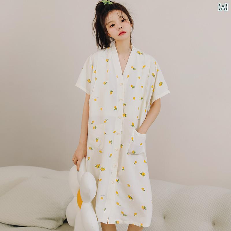 授乳 パジャマ 春夏 寝間着 ガーゼ マタニティパジャマ 服 産前 産後 安心 便利 レモン イエロー 前開き 出産祝い ワンピース