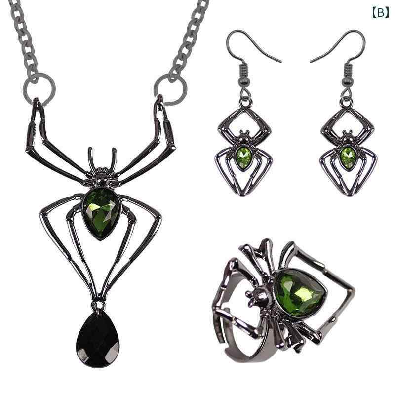 指輪 ハロウィン 大人 レディース かっこいい ごつめ おもしろ 奇妙 人差し指 合金 メッキ パンク ロック ゴシック ロリータ スタイリッシュ アクセサリー 調節可能 コスプレ イベント パーティー スパイダー 毒 グリーン ブラック シルバー セット