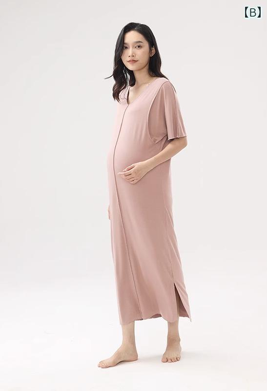 授乳 パジャマ 夏 寝間着 薄手 ロング マタニティ 産後 ホームウェア 大きいサイズ ワンピース 吸湿 Vネック 緑 グレー ピンク