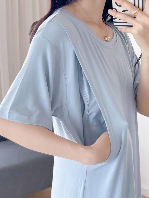 授乳 パジャマ 春夏 母乳 パッド付き 部屋 寝間着 モーダル マタニティ 産前 産後 出産祝い 青