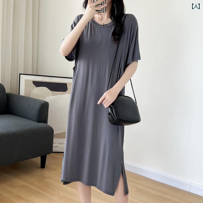 授乳 パジャマ 春夏 母乳 パッド付き 部屋 寝間着 モーダル マタニティ 産前 産後 出産祝い 青 ダークグレー 長袖 半袖 ワンピース 大きいサイズ ゆったり 無地 シンプル ラウンドネック 2