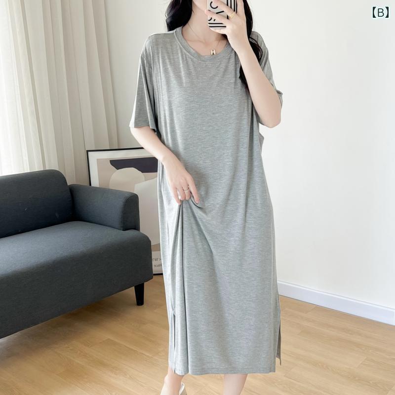 授乳 パジャマ 春夏 母乳 パッド付き 部屋 寝間着 モーダル マタニティ 産前 産後 出産祝い 青 ダークグレー 長袖 半袖 ワンピース 大きいサイズ ゆったり 無地 シンプル ラウンドネック 3