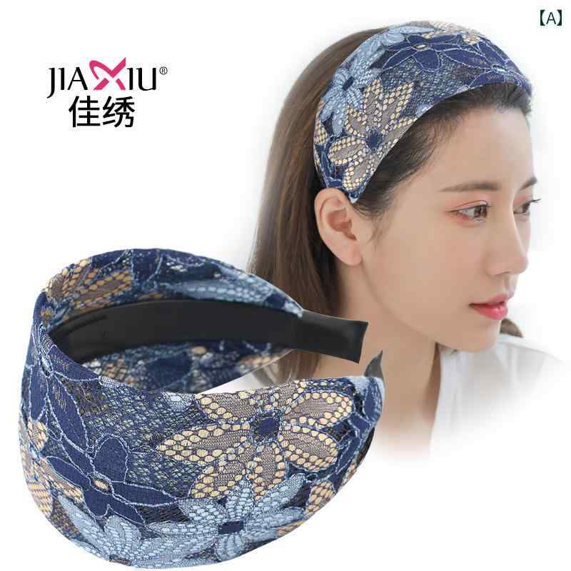 カチューシャ 刺繍 大人 幅広 太め おしゃれ 痛くない 布 花 レース レディース ヘアアクセサリー まとめ髪 アレンジ 白髪隠し 洗顔 滑り止め フェミニン エレガント パーティ お呼ばれ 普段使い ブルー ダークグリーン ブラック 2