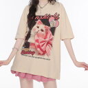 Tシャツ 猫 レディース メンズ 春夏 半袖 綿 ラウンドネック ゆったり アメリカン カジュアル プリント リアル かわいい リボン アプリコット 黒 白 大きいサイズ