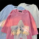 猫 Tシャツ かわいい レディース 春夏 半袖 綿 ラウンドネック ゆったり 薄手 カジュアル プリント リアル 星 もこもこ アプリコット 青