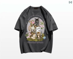 猫 Tシャツ かわいい レディース 春夏 半袖 綿 ラウンドネック ゆったり カジュアル レトロ プリント イラスト グレー 白 カーキ 大きいサイズ