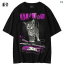 猫 イラスト Tシャツ メンズ 春夏 半袖 綿 ラウンドネック ゆったり カジュアル プリント おしゃれ ギター ロック バンド 黒 ピンク 青 大きいサイズ