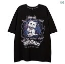 猫 Tシャツ かわいい レディース メンズ カップル 春夏 五分袖 ラウンドネック ドロップショルダー ゆったり カジュアル ダーク プリント イラスト 黒 白...