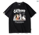 猫 Tシャツ かわいい メンズ 春夏 半袖 綿 ラウンドネック ゆったり アメリカン カジュアル プリント イラスト バンド 黒 白 グレー 大きいサイズ