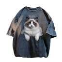 猫 Tシャツ かわいい メンズ 春夏 半袖 綿 ラウンドネック ゆったり カジュアル 3D プリント リアル 個性的 黒 大きいサイズ