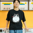 Tシャツ 猫 Tシャツ かわいい メンズ 春夏 半袖 綿 ラウンドネック ゆったり ドロップショルダー カジュアル プリント イラスト 青 白 黒 大きいサイズ