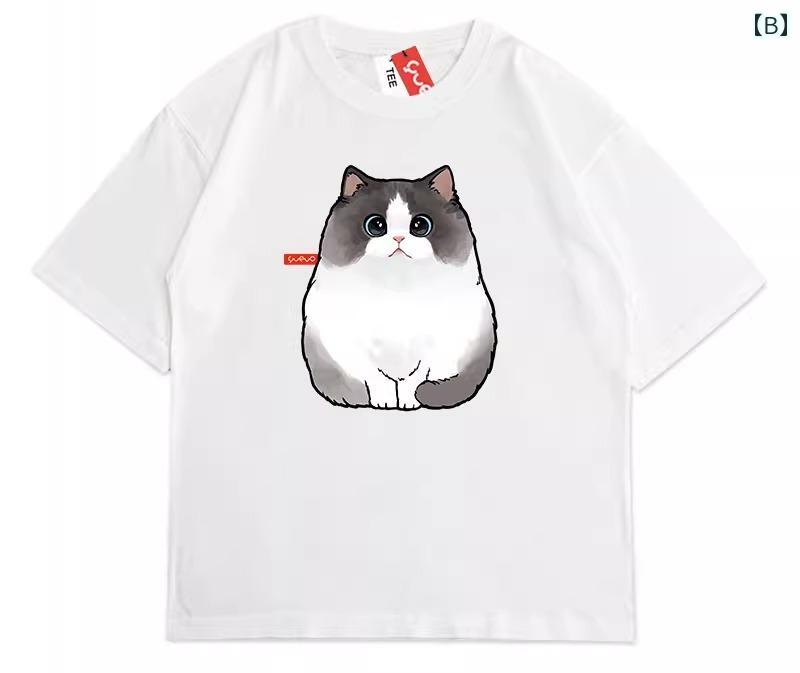 フロントップ楽天市場店の猫 Tシャツ かわいい メンズ 春夏 半袖 綿 ラウンドネック ゆったり ドロップショルダー カジュアル プリント イラスト 青 白 黒 大きいサイズ｜アングル3