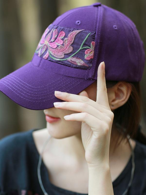 Cap - キャップ レディース おしゃれ 刺繍 夏 帽子 エスニック 日よけ 日焼け防止 紫 花柄 レジャー アウトドア カジュアル 大人 プレゼント