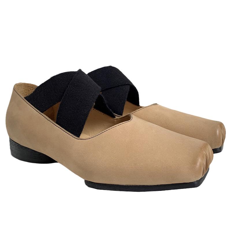 バレエシューズ レディース クロス ストラップ レザー靴 スクエアトゥ レトロ ロー ヒール アプリコッ..