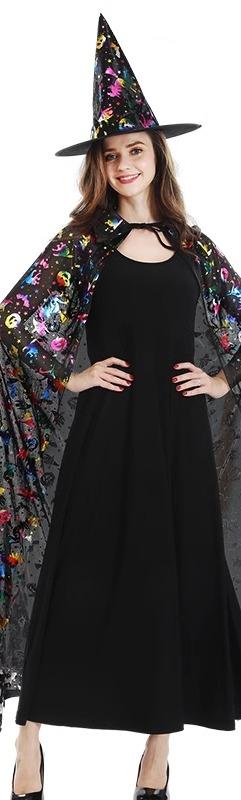 ハロウィン 仮装 簡単 大人 女性 コスプレ 衣装 コスチューム イベント パーティー マント 帽子 魔女 可愛い カボチャ柄 金 銀