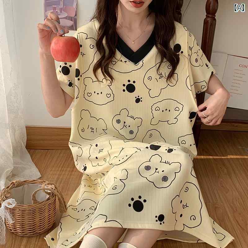 パジャマ レディース 夏 寝間着 半袖 マタニティ 綿 大きいサイズ 産後 妊娠 ワンピース トップス 女性 くま リボン アヒル 青 緑 黒 M L XL 2