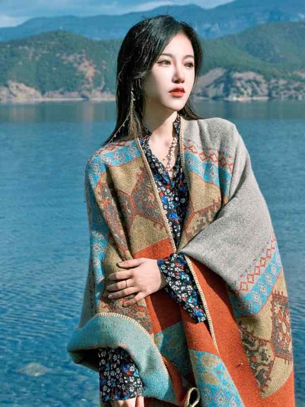 ショール レディース 秋冬 防寒 厚手 暖かい ソフト エスニック レトロ おしゃれ カジュアル アクリル 幾何学模様 花柄 オレンジ 旅行