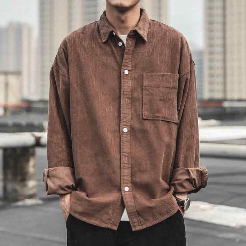 樂天商城 - コーデュロイ シャツ レトロ メンズ 長袖 ジャケット 春 秋 ゆったり ルーズ 無地 大きいサイズ トップス ストリート カジュアル 茶 グレー 黒