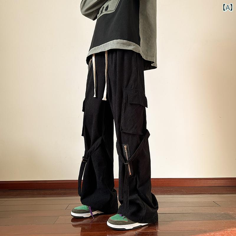 コーデュロイ パンツ メンズ 冬 おしゃれ カジュアル ポケット ヒップホップ ワイド ストレート ストリート系 ファッション 黒 赤 アプリコット