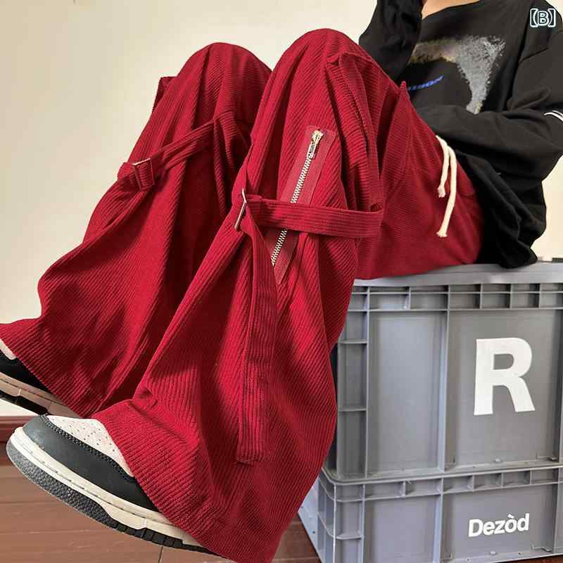 コーデュロイ パンツ メンズ 冬 おしゃれ カジュアル ポケット ヒップホップ ワイド ストレート ストリート系 ファッション 黒 赤 アプリコット