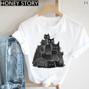 猫 Tシャツ かわいい 大人 子供 親子 春夏 半袖 ラウンドネック カジュアル プリント イラスト 花 ハート 音符 白 大きいサイズ ストリート