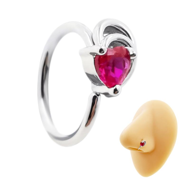 鼻ピアス アクセサリー レディース リング ハート型 レトロ チタン 鋼 ロッド 低刺激性 ジルコン 穿刺タイプ アメリカン 0.8mm シルバー ピンク